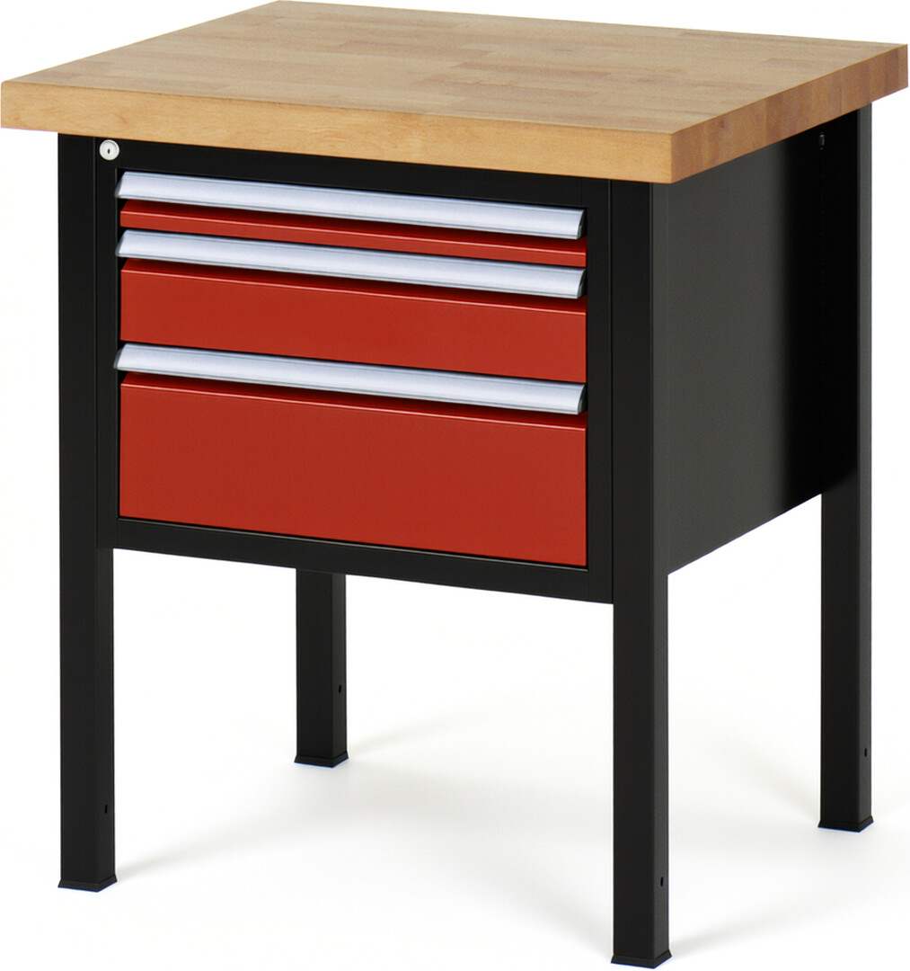RAU Werkbank schwarz - rot - Breite 75 cm - Tiefe 70 cm - Höhe 104 cm - Buche-Massiv Arbeitsplatte 40 mm