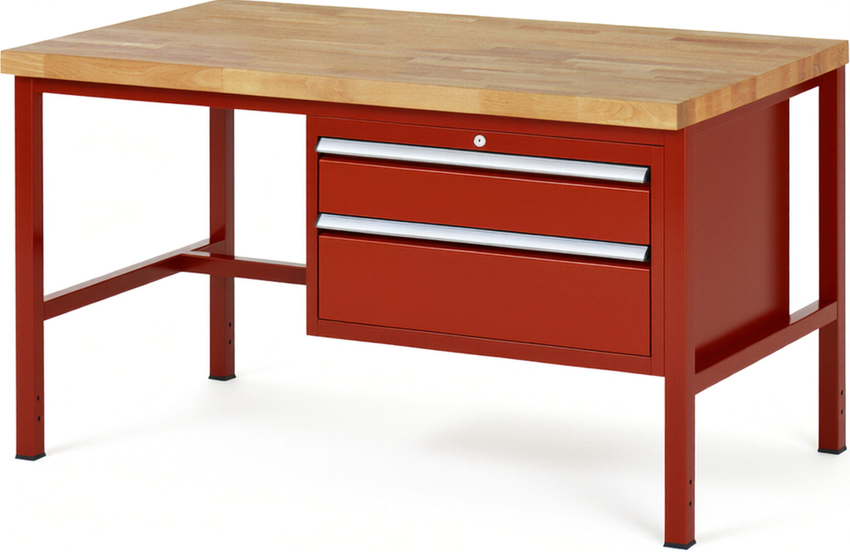 Werkbank Modell 8223 rot, BxTxH 1500x900x840 mm,  Buche-Massiv Arbeitsplatte 40 mm,  2 Schubladen mit  Vollauszug 100 % und  SoftClosing