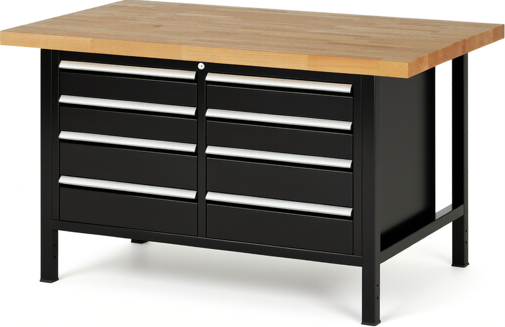 Werkbank Modell 8477 schwarz, BxTxH 1500x900x840 mm,  Buche-Massiv Arbeitsplatte 40 mm,  8 Schubladen mit  Auszug 90 %