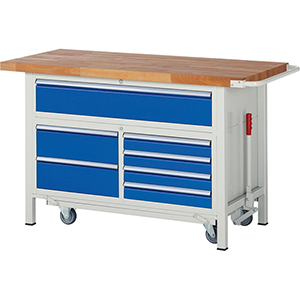 Werkbank mit absenkbarem Fahrgestell, Breite 150 cm, Tiefe 70 cm, Höhe 88 cm, 7 Schublade(n), Platte: Buche-Riegel