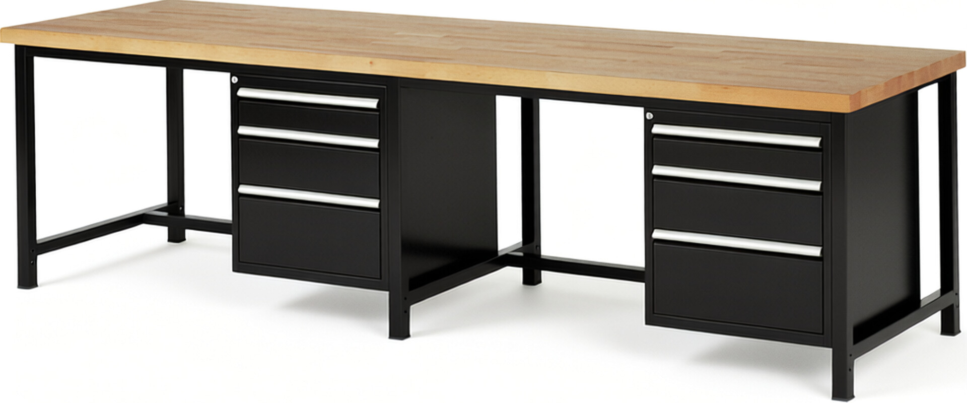 Werkbank Modell 8159 schwarz, BxTxH 3000x900x840-1040 mm,  Buche-Massiv Arbeitsplatte 40 mm,  6 Schubladen mit  Auszug 90 %