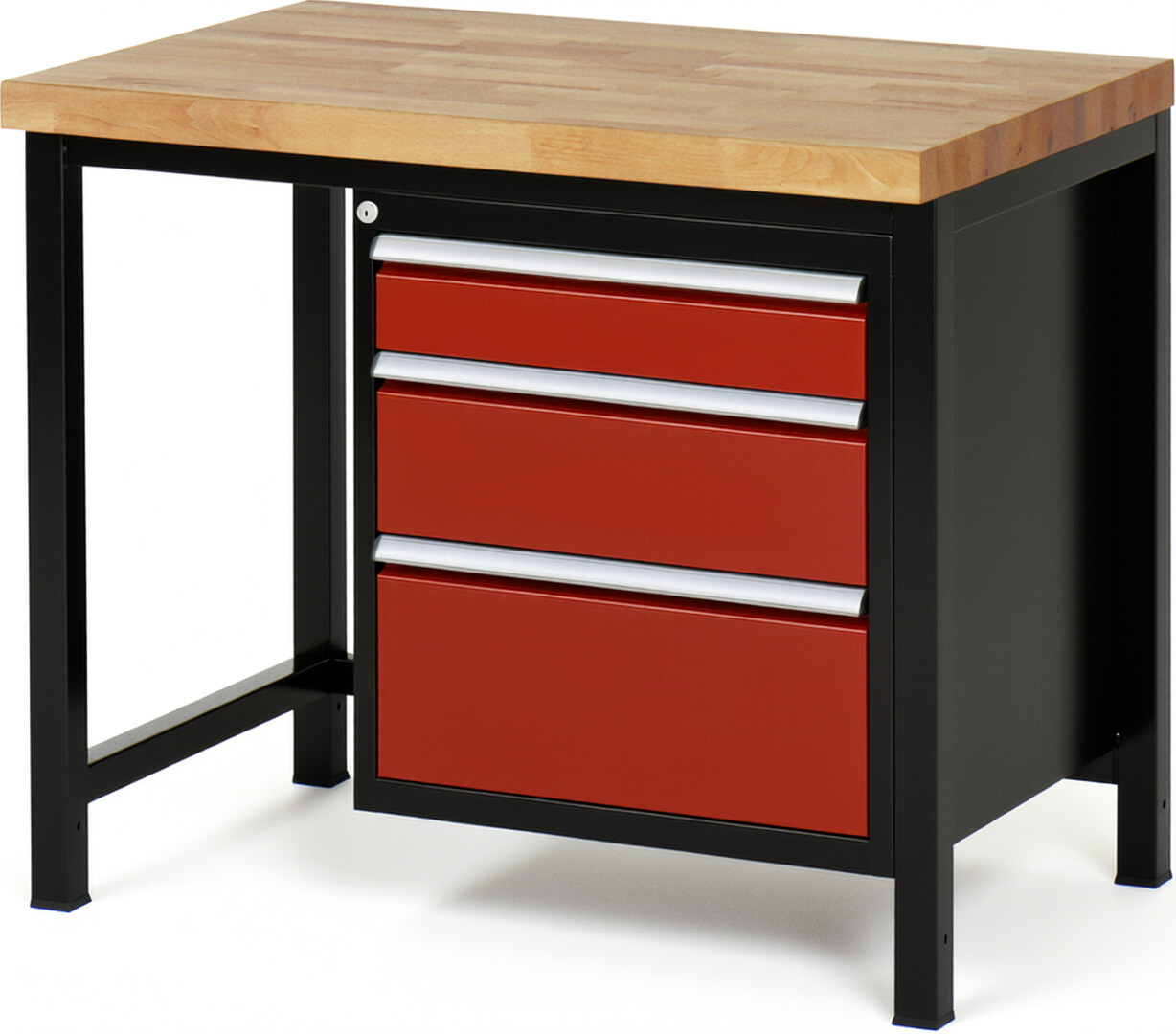 RAU Werkbank schwarz - rot - Breite 100 cm - Tiefe 70 cm - Höhe 104 cm - Buche-Massiv Arbeitsplatte 40 mm