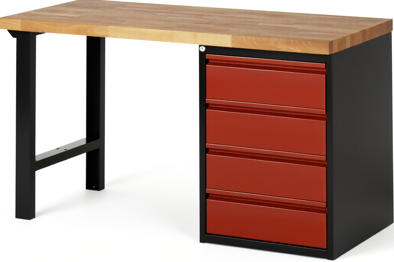 Werkbank, 1 Unterbau-Container mit 4 Schubladen 180 mm, Buche-Platte 40 mm schwarz-rot, BxTxH 1500x700x840 mm, RAL 9011/3000