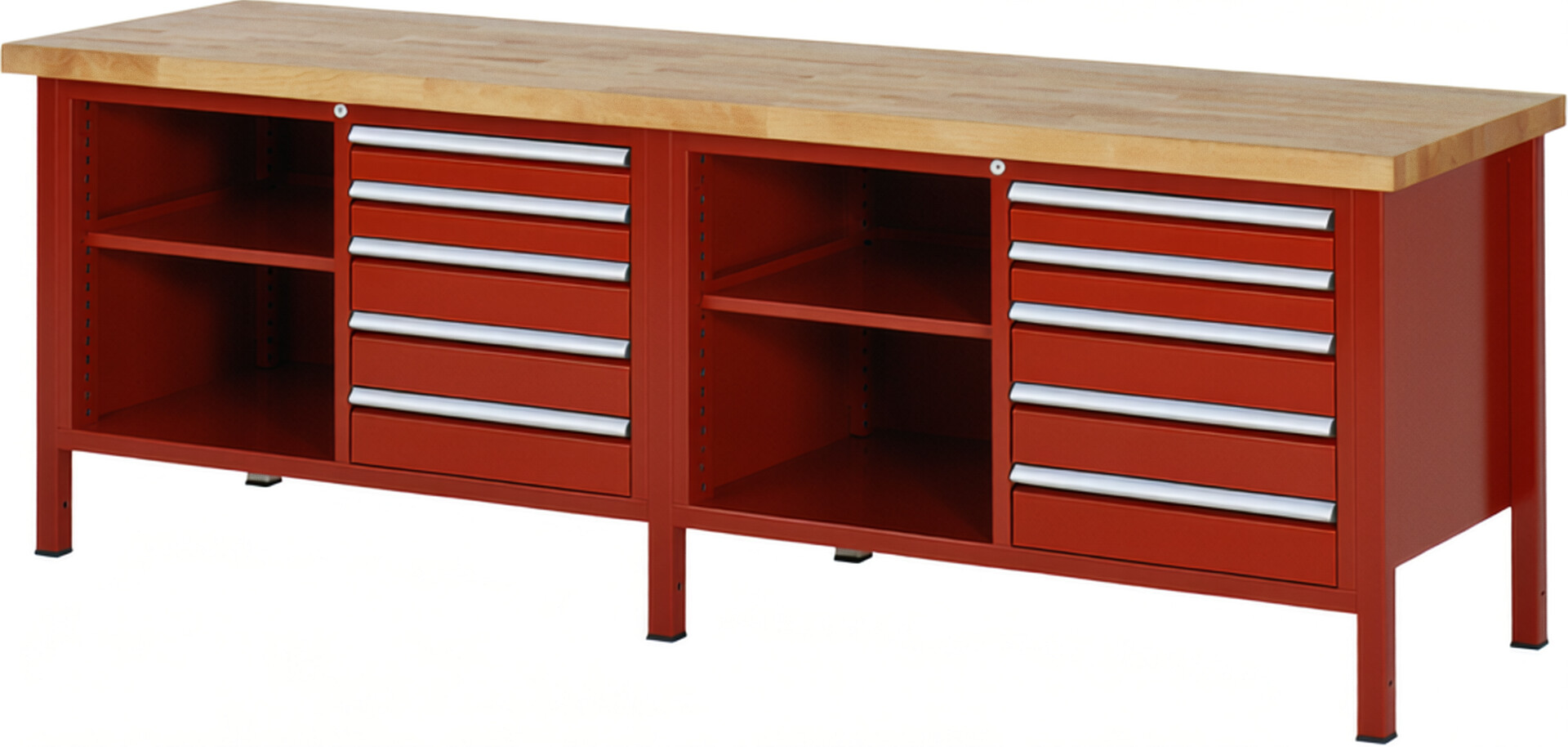 Werkbank Modell 8464 rot, BxTxH 2500x700x840 mm,  Buche-Massiv Arbeitsplatte 40 mm,  10 Schubladen mit  Auszug 90 %