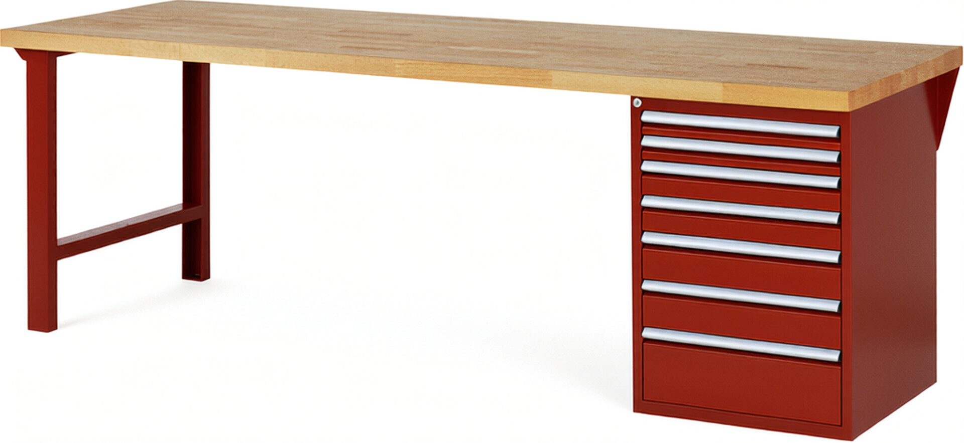 Werkbank Modell 7517 rot, BxTxH 2500x900x890 mm,  Buche-Massiv Arbeitsplatte 40 mm,  7 Schubladen mit  Vollauszug 100 % und  SoftClosing