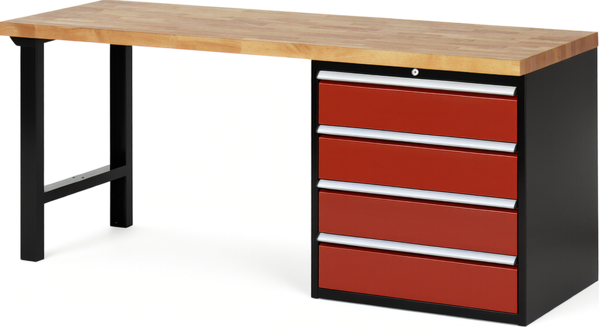 RAU Werkbank schwarz - rot - Breite 200 cm - Tiefe 70 cm - Höhe 89 cm - Buche-Massiv Arbeitsplatte 40 mm