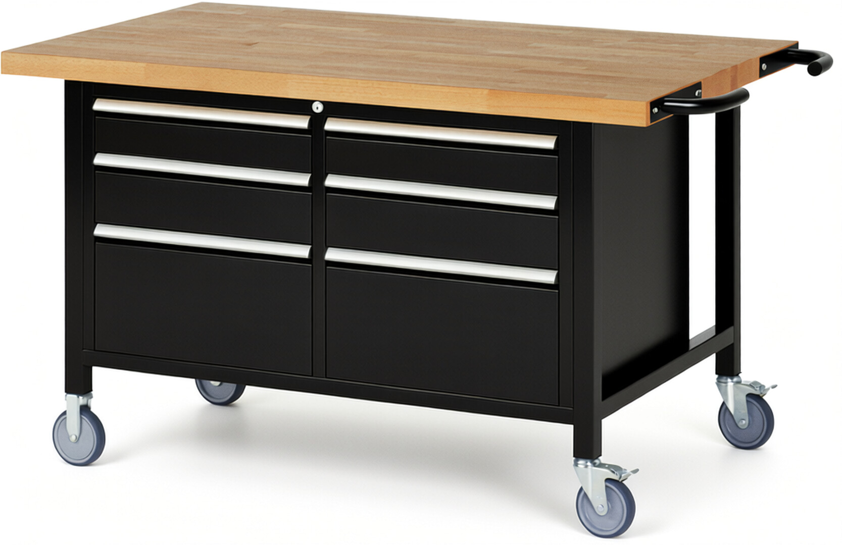 Fahrbare Werkbank Modell 8475 schwarz, BxTxH 1500x900x880 mm,  Buche-Massiv Arbeitsplatte 40 mm,  6 Schubladen mit  Auszug 90 %