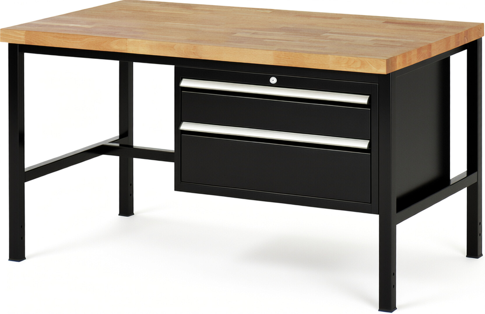 Werkbank Modell 8223 schwarz, BxTxH 1500x900x840 mm,  Buche-Massiv Arbeitsplatte 40 mm,  2 Schubladen mit  Vollauszug 100 % und  SoftClosing