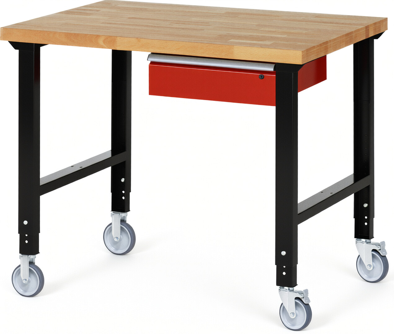 RAU Werkbank schwarz - rot - Breite 125 cm - Tiefe 90 cm - Höhe 100 cm - Buche-Massiv Arbeitsplatte 40 mm