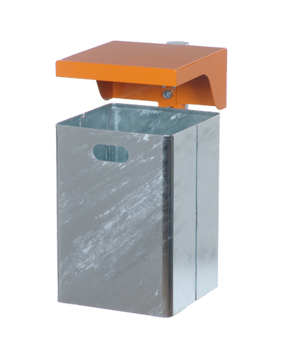 Abfallbehälter rechteckig, mit Haube - Wand- oder Pfostenbefestigung - 40 l - gelborange/verzinkt