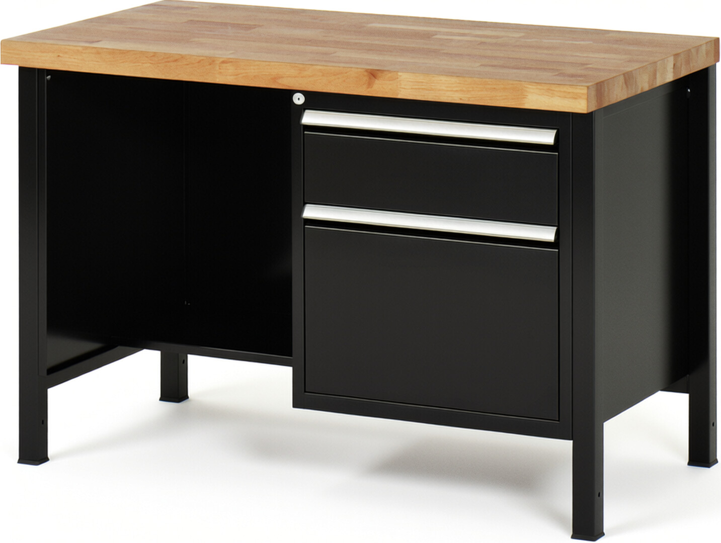 Werkbank Modell 8451 schwarz, BxTxH 1250x700x840 mm,  Buche-Massiv Arbeitsplatte 40 mm,  2 Schubladen mit  Auszug 90 %