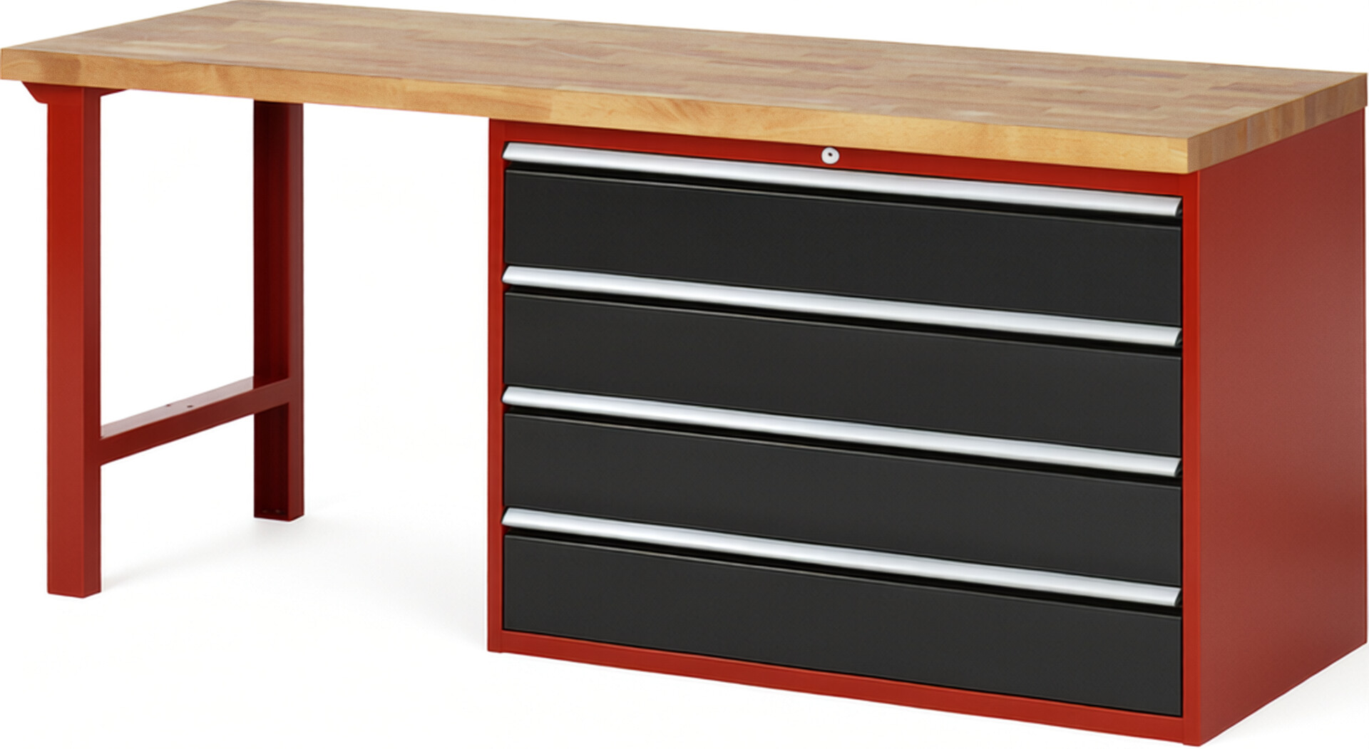 Werkbank Modell 7709 rot - schwarz, BxTxH 2000x700x890 mm,  Buche-Massiv Arbeitsplatte 40 mm,  4 Schubladen mit  Auszug 90 %