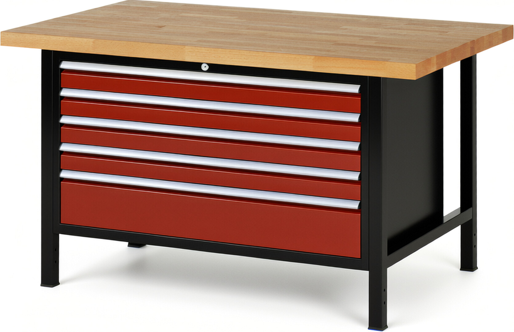 RAU Werkbank schwarz - rot - Breite 150 cm - Tiefe 90 cm - Höhe 104 cm - Buche-Massiv Arbeitsplatte 40 mm
