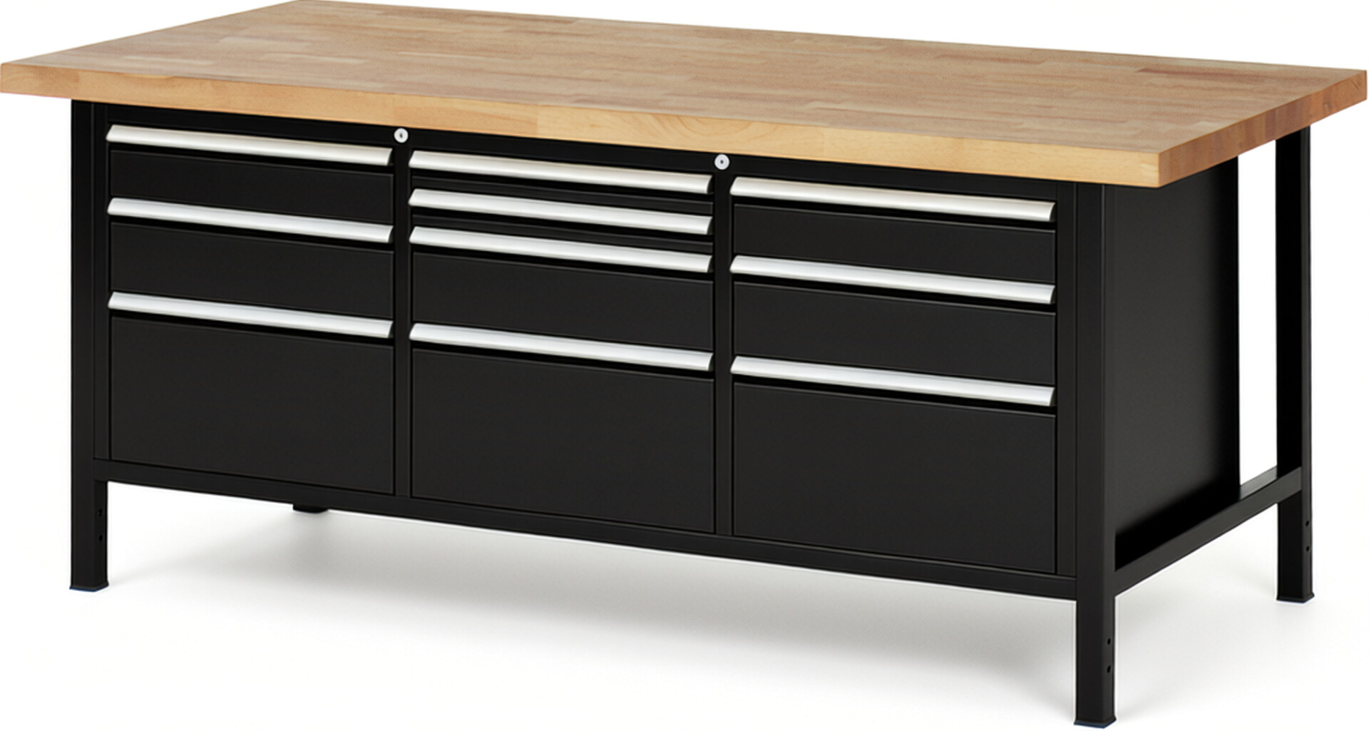 Werkbank Modell 8576 schwarz, BxTxH 2000x900x840 mm,  Buche-Massiv Arbeitsplatte 40 mm,  10 Schubladen mit  Auszug 90 %