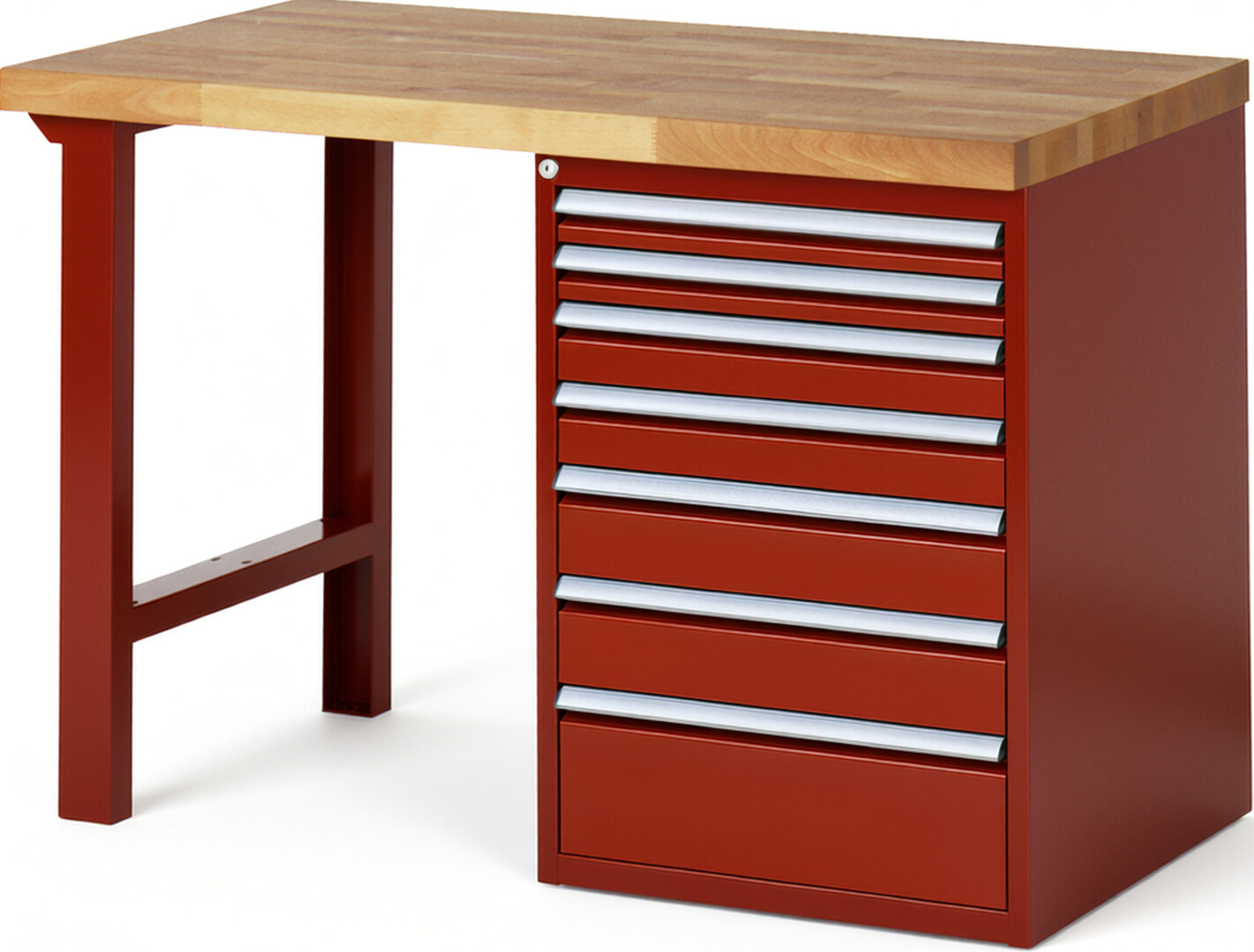 Werkbank Modell 7517 rot, BxTxH 1250x700x890 mm,  Buche-Massiv Arbeitsplatte 40 mm,  7 Schubladen mit  Auszug 90 %