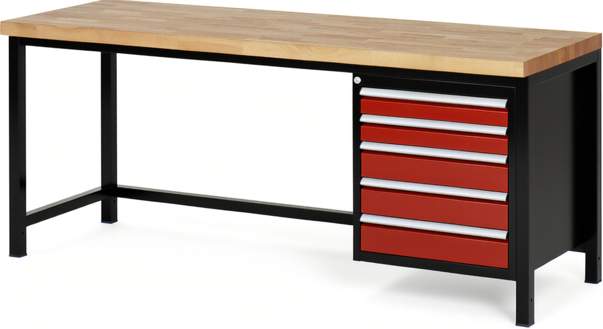 RAU Werkbank schwarz - rot - Breite 200 cm - Tiefe 70 cm - Höhe 104 cm - Buche-Massiv Arbeitsplatte 40 mm
