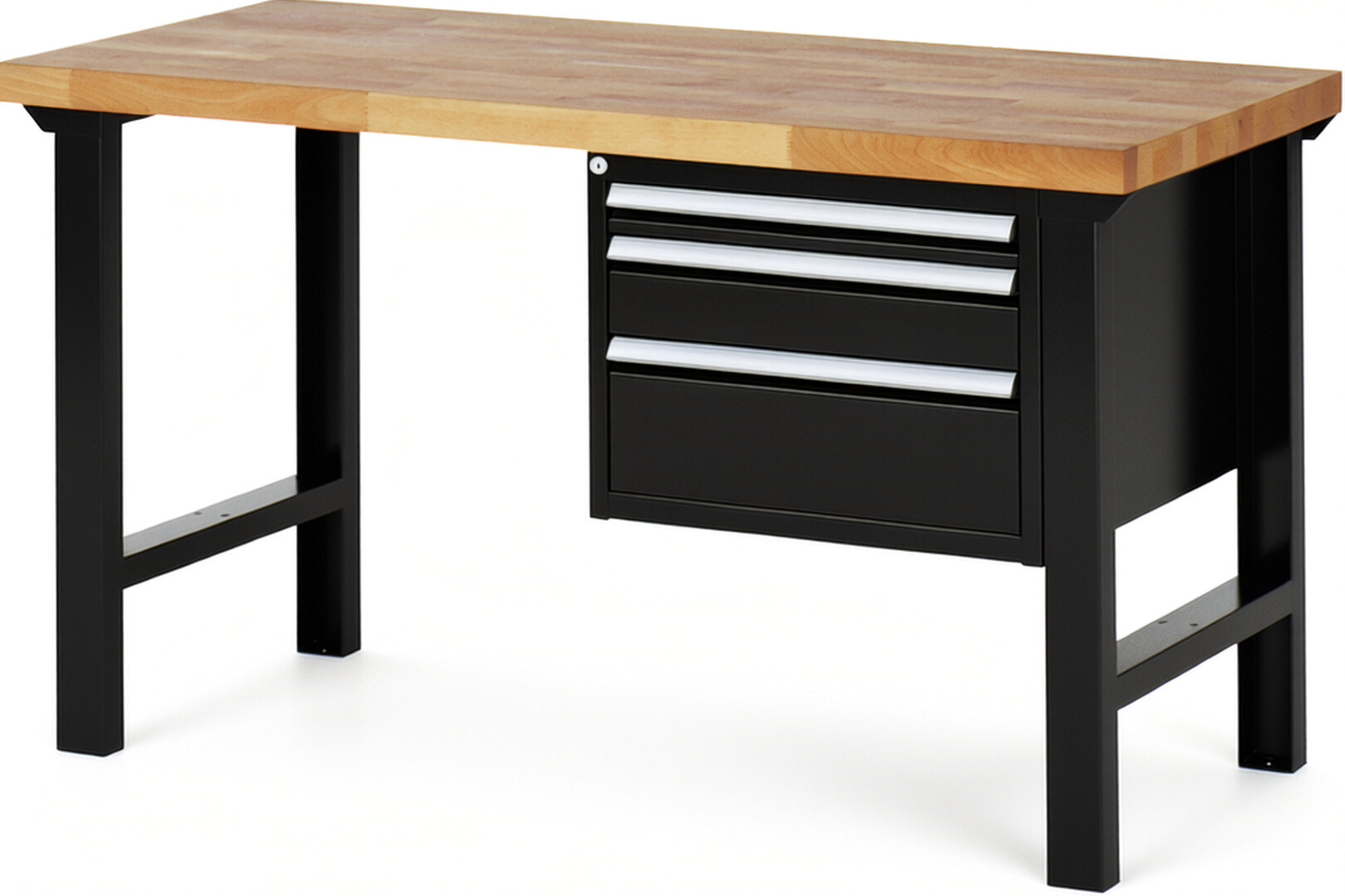 Werkbank Modell 7126 schwarz, BxTxH 1500x700x840 mm,  Buche-Massiv Arbeitsplatte 40 mm,  3 Schubladen mit  Vollauszug 100 % und  SoftClosing
