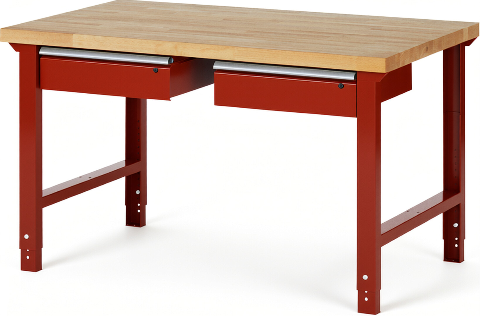 Werkbank Modell 7002 rot, BxTxH 1500x900x790-1140 mm,  Buche-Massiv Arbeitsplatte 40 mm,  2 Schubladen mit  Auszug 90 %