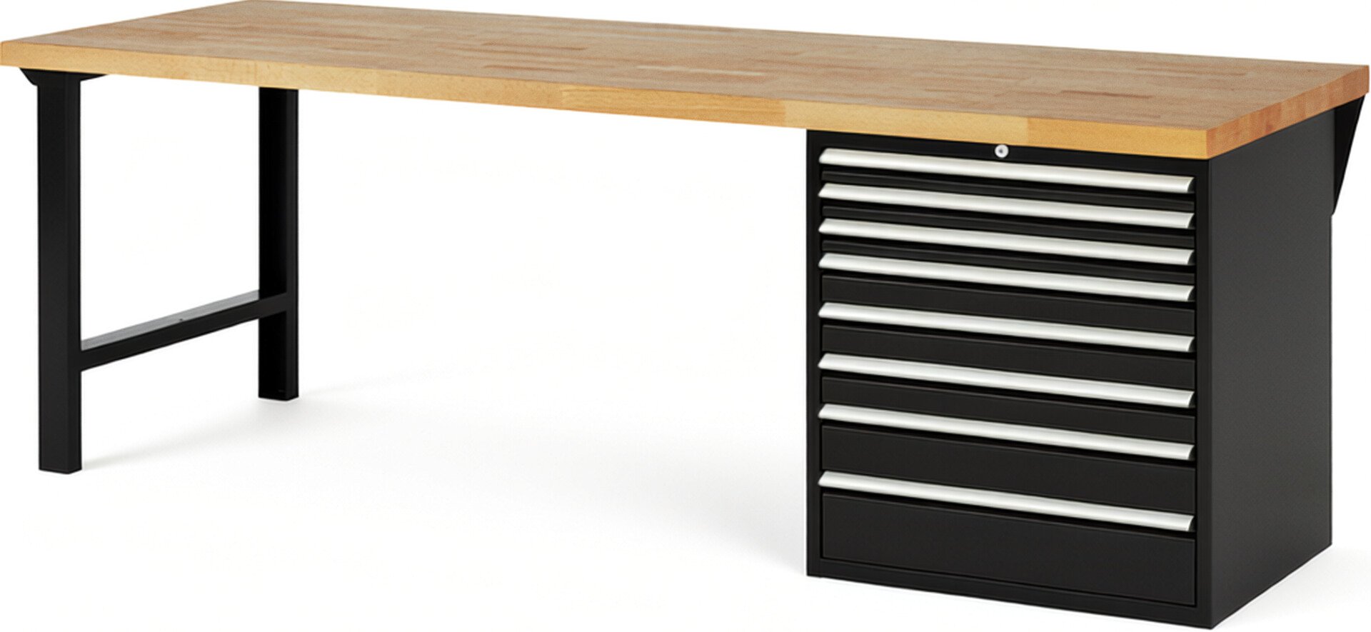 Werkbank Modell 7619 schwarz, BxTxH 2500x900x890 mm,  Buche-Massiv Arbeitsplatte 40 mm,  8 Schubladen mit  Vollauszug 100 % und  SoftClosing