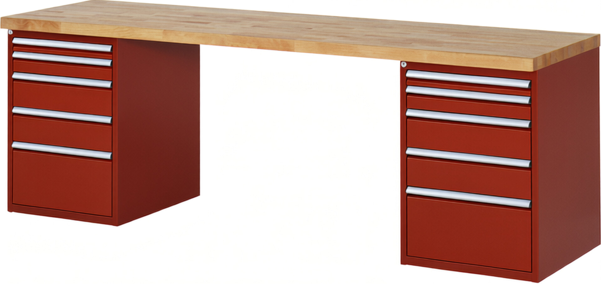 Werkbank Modell 7511 rot, BxTxH 2500x700x890 mm,  Buche-Massiv Arbeitsplatte 40 mm,  10 Schubladen mit  Vollauszug 100 % und  SoftClosing