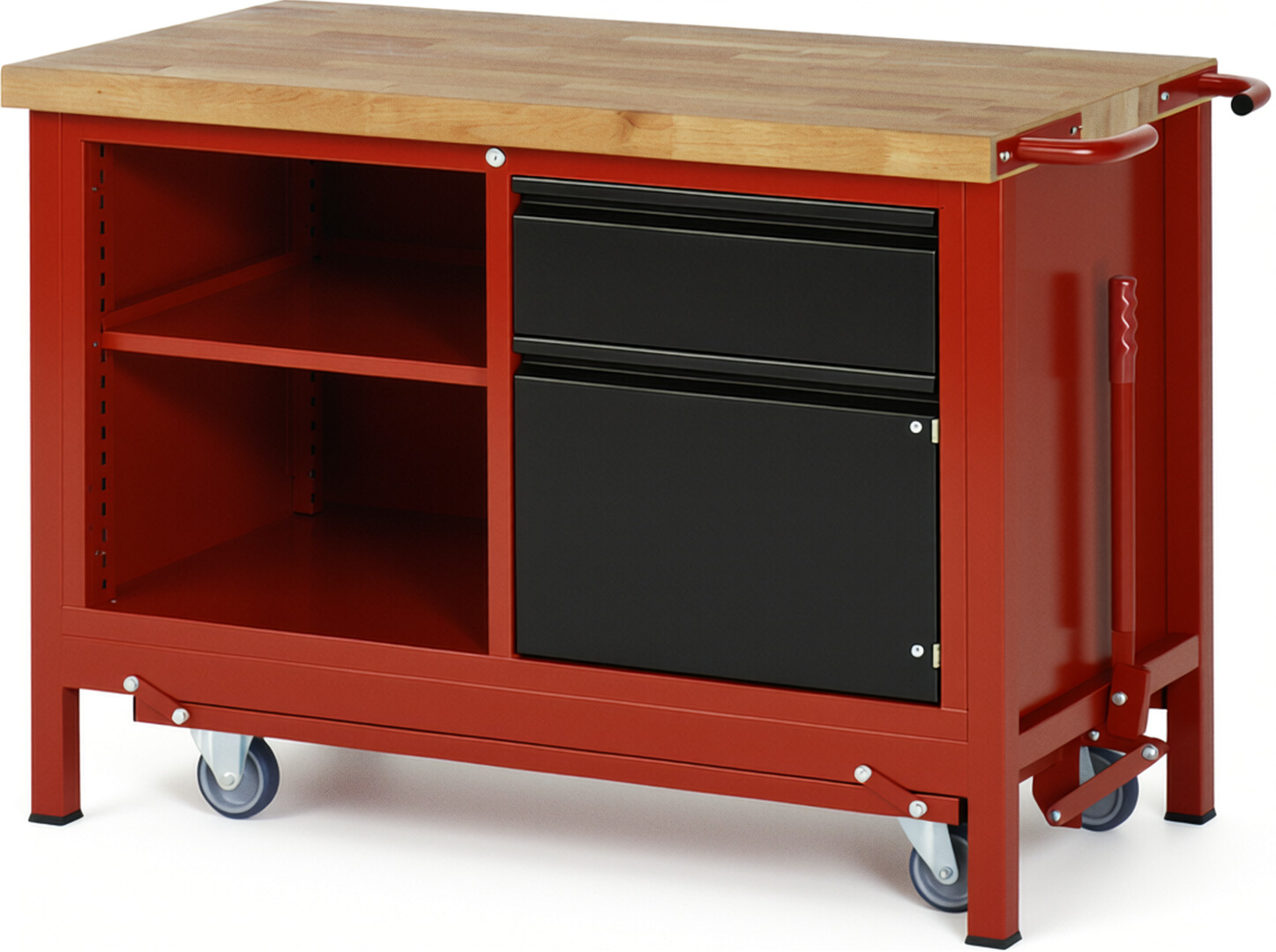 Absenkbare Werkbank - Modell 8461 BASIC rot - schwarz, BxTxH 1250x700x880 mm,  Buche-Massiv Arbeitsplatte 40 mm,  1 Schublade mit  Auszug 90 %