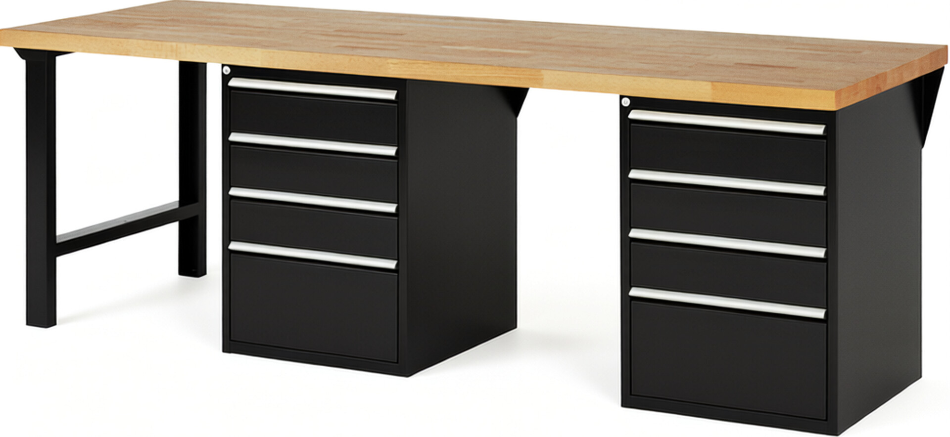 Werkbank Modell 7510 schwarz, BxTxH 2500x900x890 mm,  Buche-Massiv Arbeitsplatte 40 mm,  8 Schubladen mit  Vollauszug 100 % und  SoftClosing