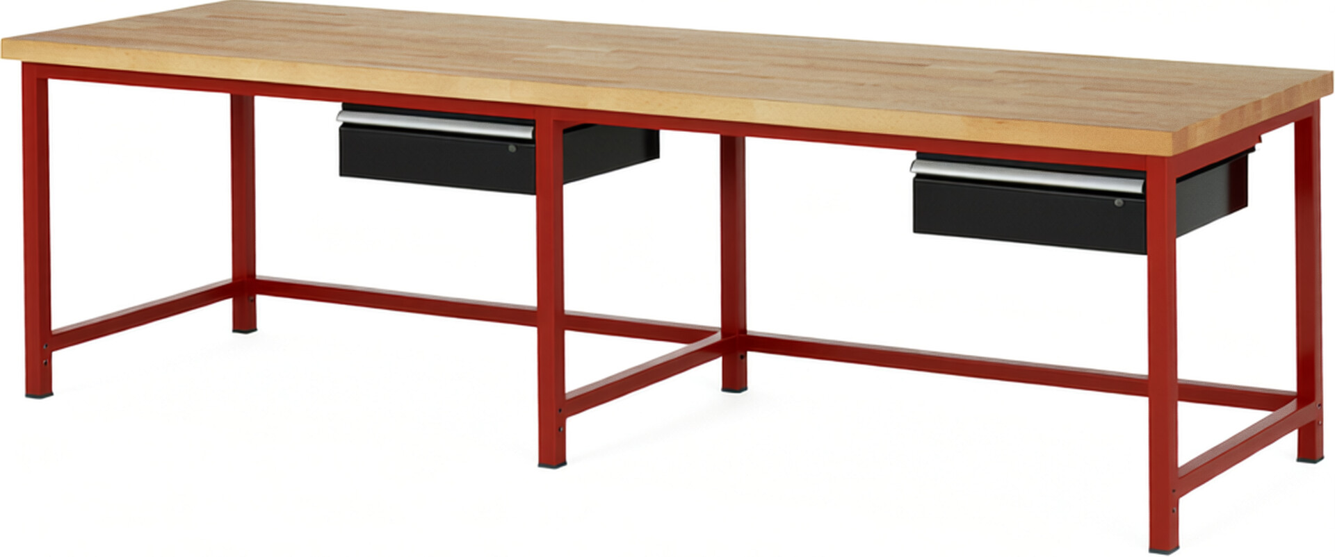 Werkbank Modell 8001 rot - schwarz, BxTxH 3000x900x840 mm,  Buche-Massiv Arbeitsplatte 40 mm,  2 Schubladen mit  Auszug 90 %