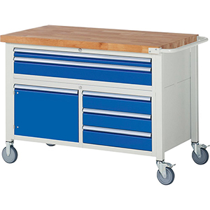 Fahrbare Werkbank, Breite 125 cm, Tiefe 70 cm, Höhe 88 cm, 5 Schublade(n), Platte: Buche-Riegel