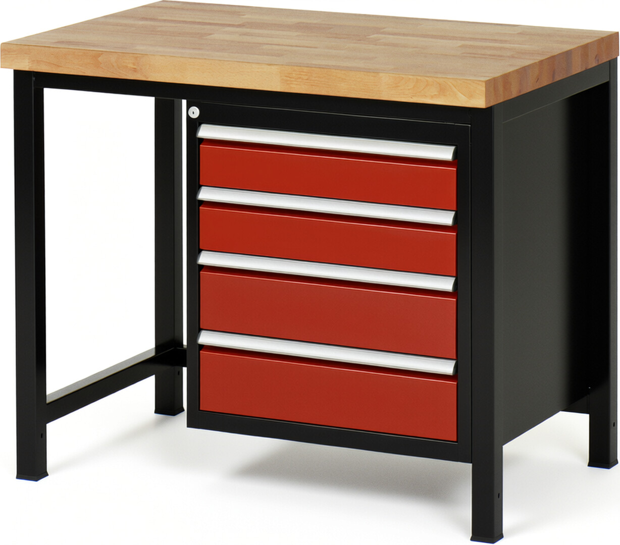RAU Werkbank schwarz - rot - Breite 100 cm - Tiefe 70 cm - Höhe 104 cm - Buche-Massiv Arbeitsplatte 40 mm
