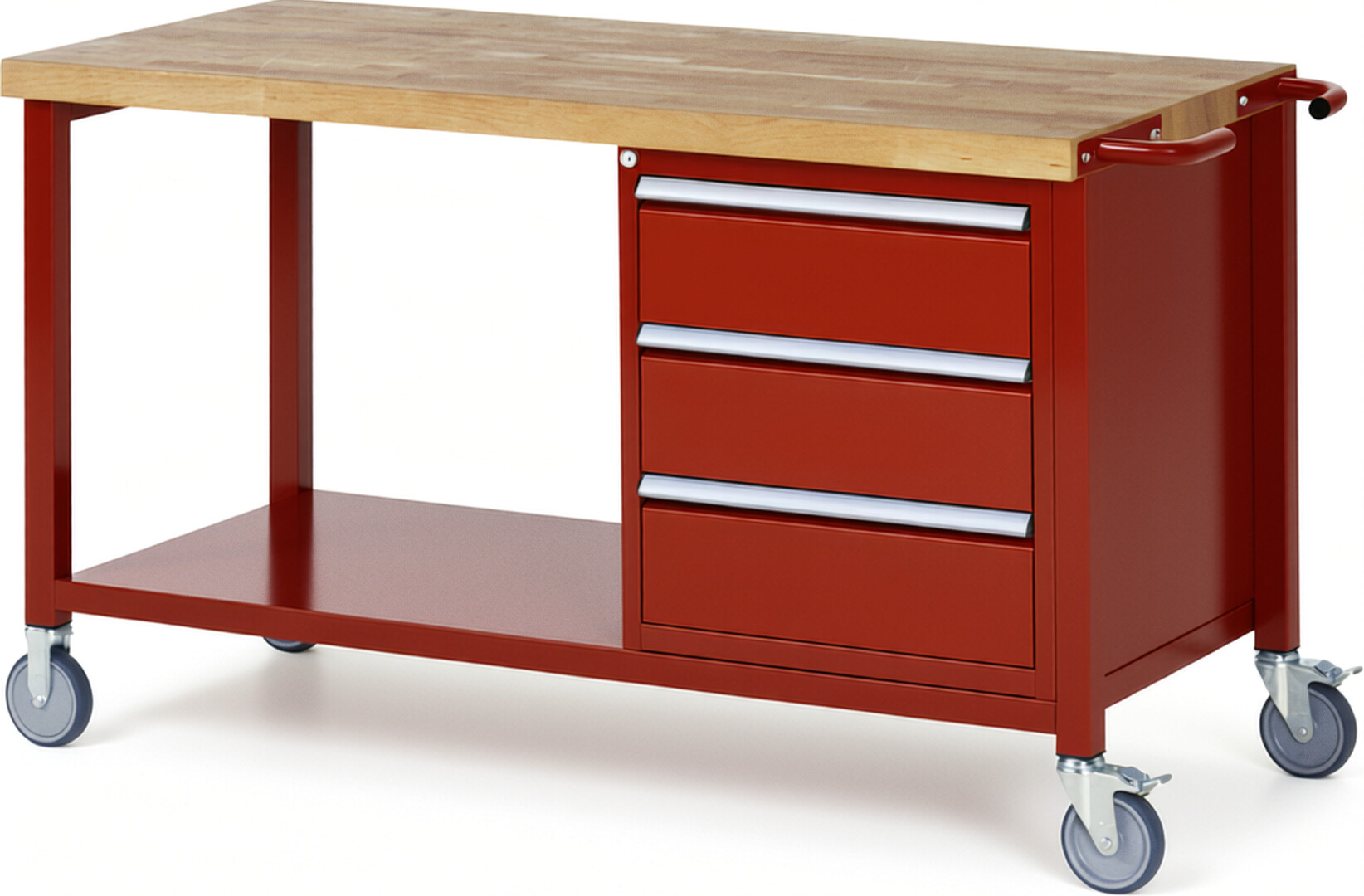 Fahrbare Werkbank Modell 8157 rot, BxTxH 1500x700x880 mm,  Buche-Massiv Arbeitsplatte 40 mm,  3 Schubladen mit  Vollauszug 100 % und  SoftClosing