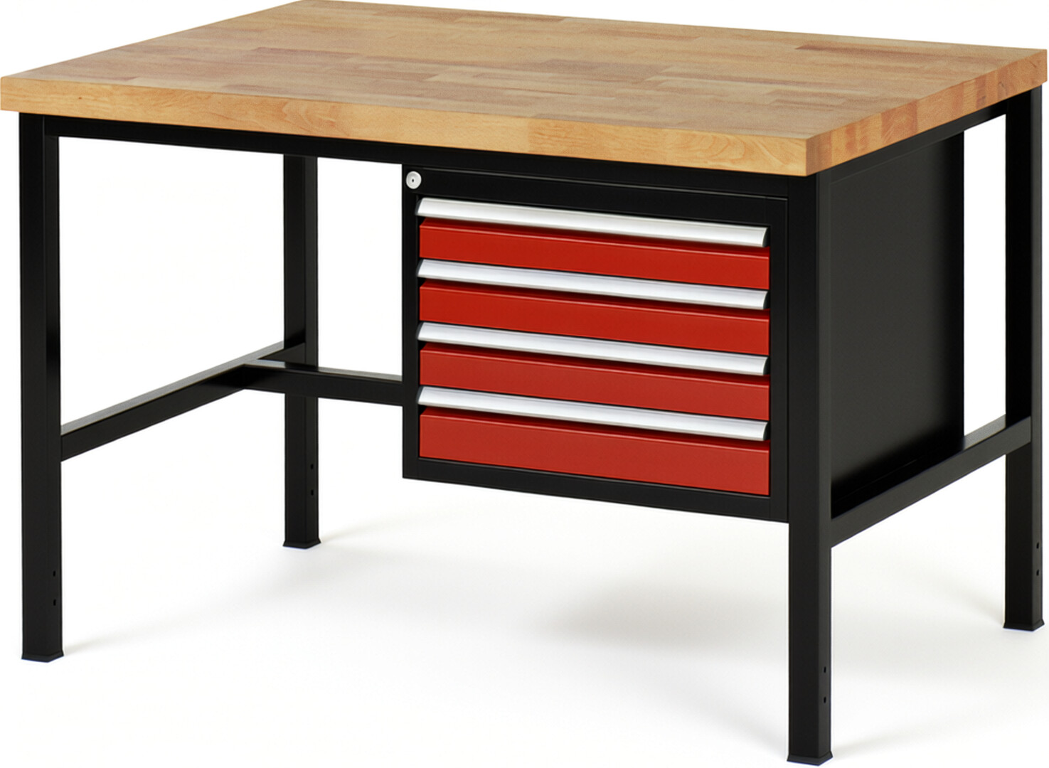 RAU Werkbank schwarz - rot - Breite 125 cm - Tiefe 90 cm - Höhe 104 cm - Buche-Massiv Arbeitsplatte 40 mm