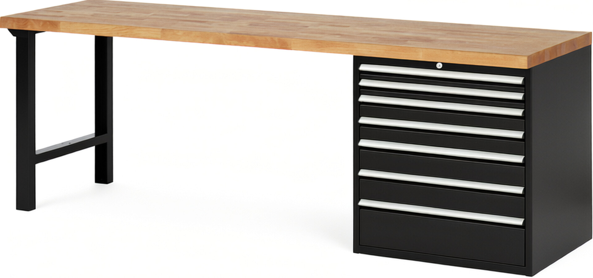 Werkbank Modell 7617 schwarz, BxTxH 2500x700x890 mm,  Buche-Massiv Arbeitsplatte 40 mm,  7 Schubladen mit  Auszug 90 %