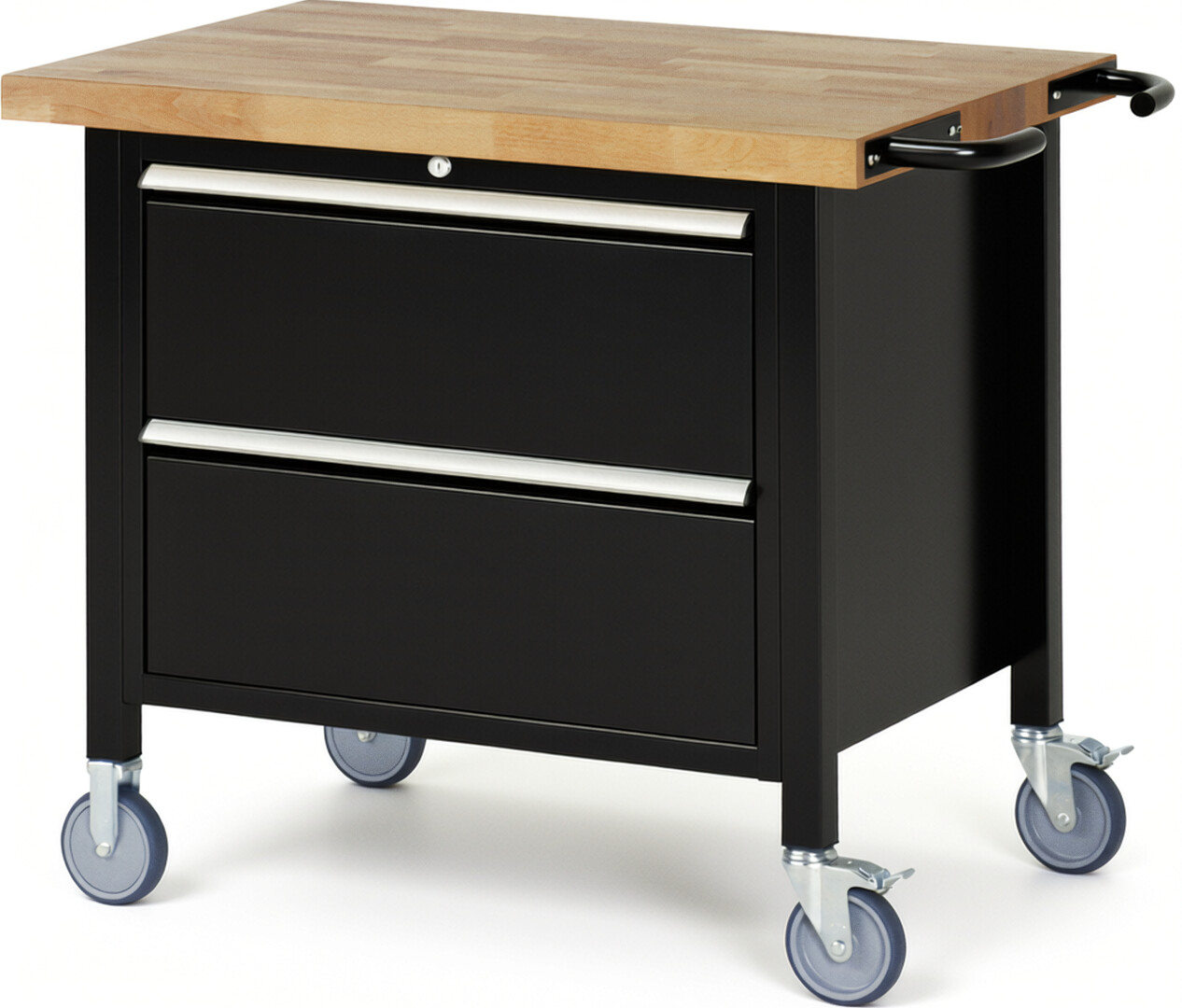 Fahrbare Werkbank Modell 8255 schwarz, BxTxH 1000x700x880-1080 mm,  Buche-Massiv Arbeitsplatte 40 mm,  2 Schubladen mit  Auszug 90 %