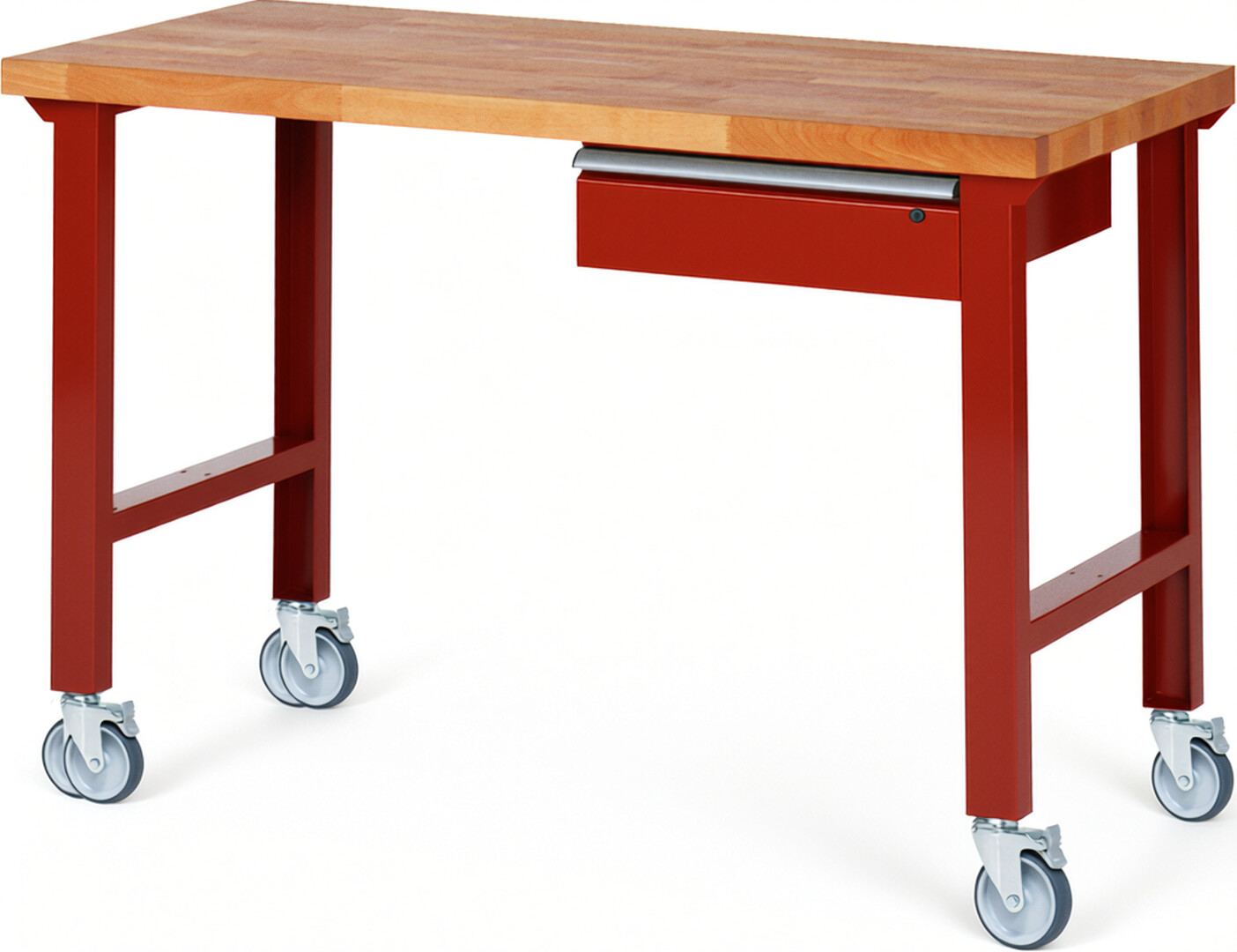 Fahrbare Werkbank Modell 7001 rot, BxTxH 1500x700x1000 mm,  Buche-Massiv Arbeitsplatte 40 mm,  1 Schublade mit  Auszug 90 %