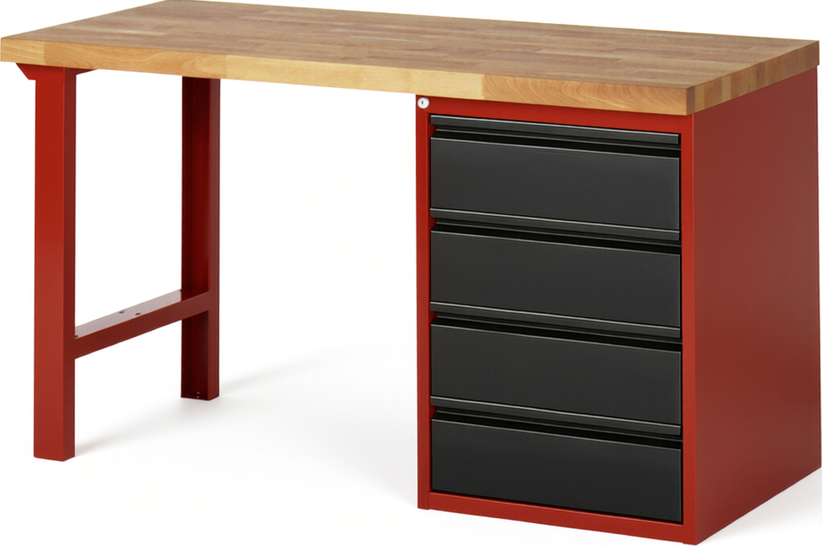Werkbank, 1 Unterbau-Container mit 4 Schubladen 180 mm, Buche-Platte 40 mm rot - schwarz, BxTxH 1500x700x840 mm, RAL 3000/9011