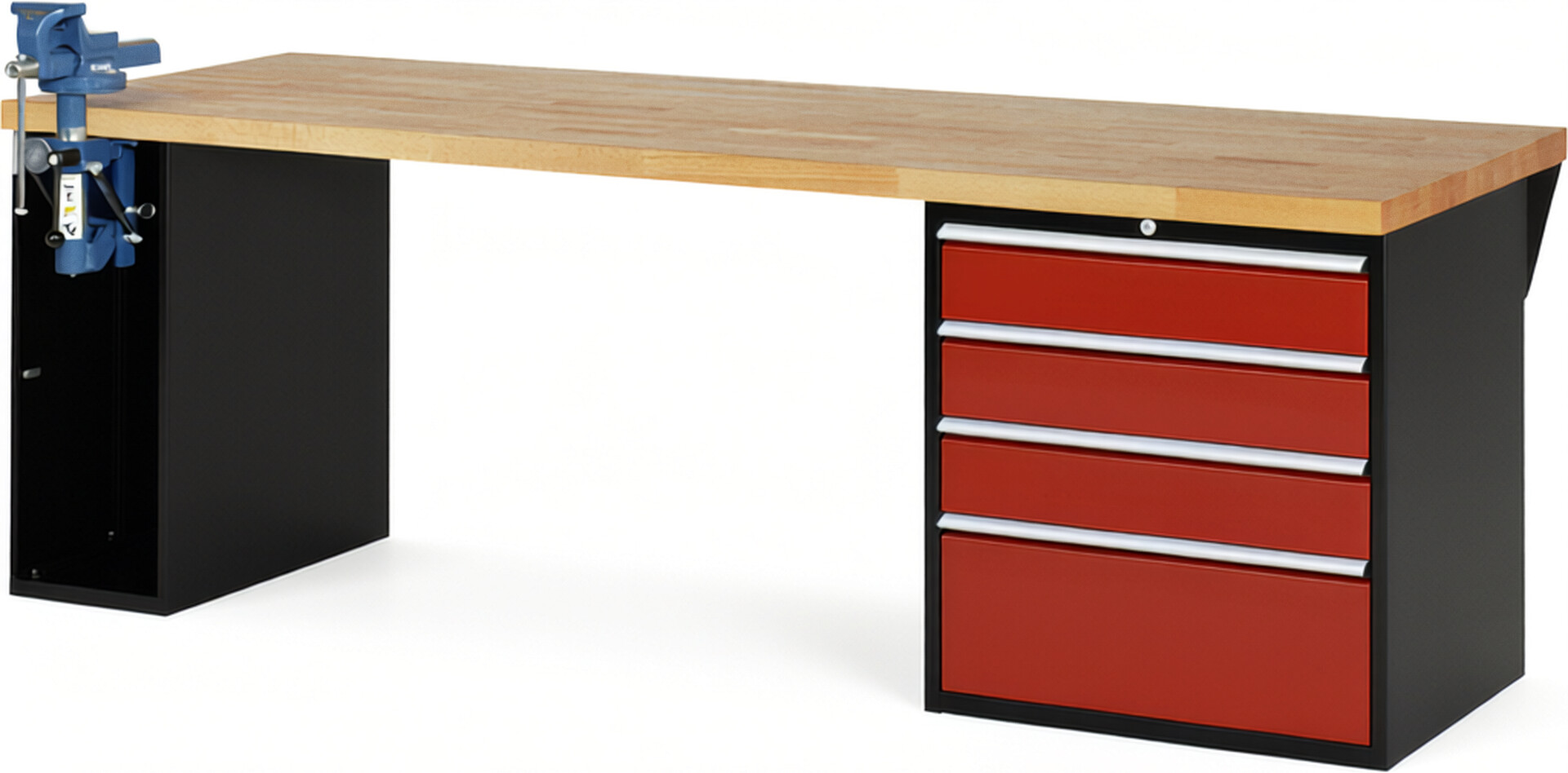 RAU Werkbank schwarz - rot - Breite 250 cm - Tiefe 90 cm - Höhe 89 cm - Buche-Massiv Arbeitsplatte 40 mm