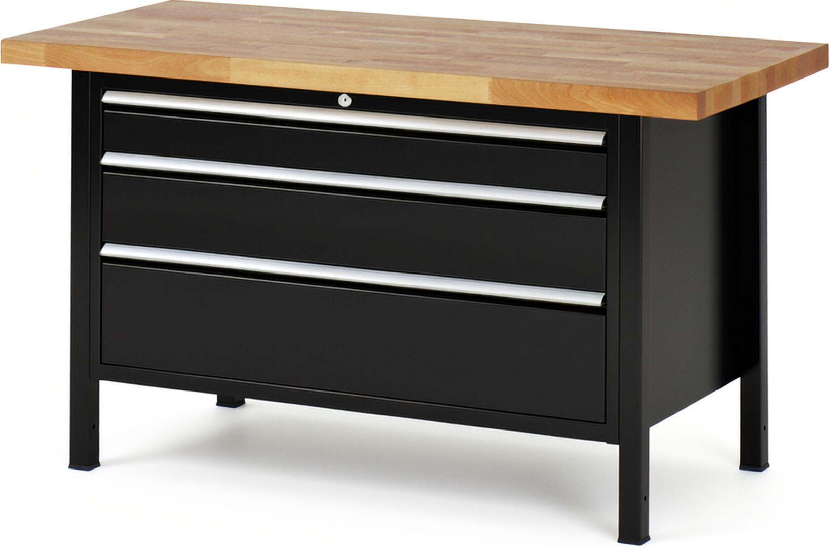 Werkbank Modell 8359 schwarz, BxTxH 1500x700x840-1040 mm,  Buche-Massiv Arbeitsplatte 40 mm,  3 Schubladen mit  Vollauszug 100 % und  SoftClosing