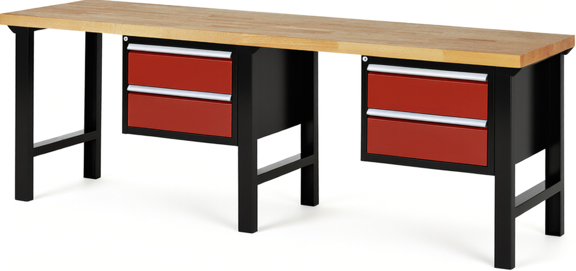 RAU Werkbank schwarz - rot - Breite 250 cm - Tiefe 70 cm - Höhe 84 cm - Buche-Massiv Arbeitsplatte 40 mm