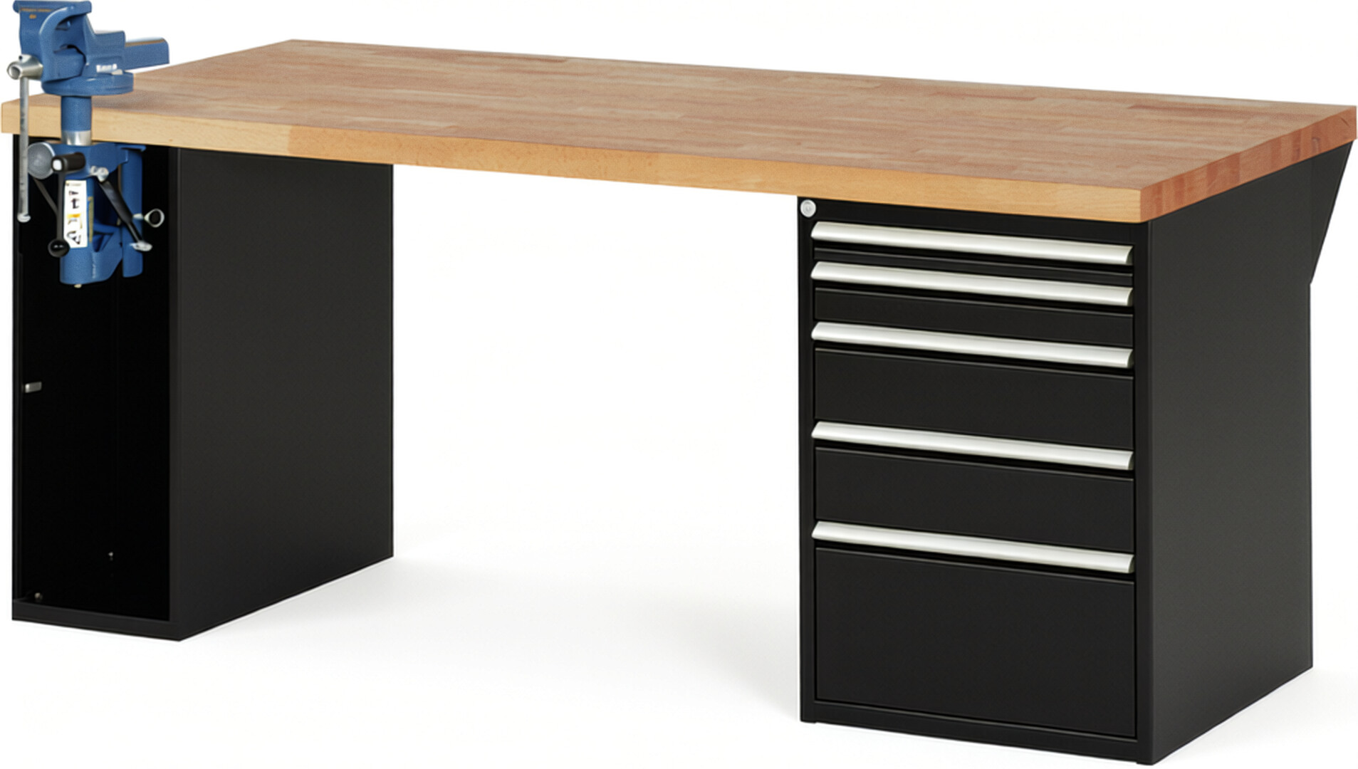 Werkbank Modell 7511 schwarz, BxTxH 2000x900x890 mm,  Buche-Massiv Arbeitsplatte 40 mm,  5 Schubladen mit  Auszug 90 %
