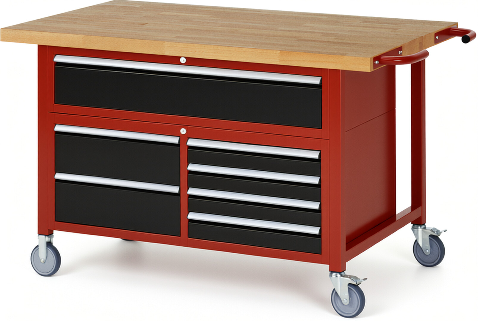 Fahrbare Werkbank Modell 8921 rot - schwarz, BxTxH 1500x900x920 mm,  Buche-Massiv Arbeitsplatte 40 mm,  7 Schubladen mit  Vollauszug 100 % und  SoftClosing