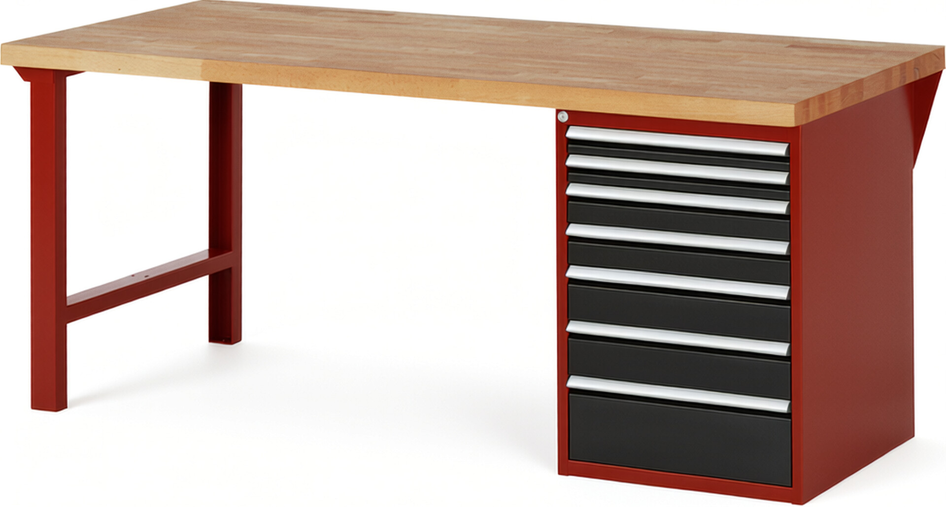 Werkbank Modell 7517 rot - schwarz, BxTxH 2000x900x890 mm,  Buche-Massiv Arbeitsplatte 40 mm,  7 Schubladen mit  Auszug 90 %