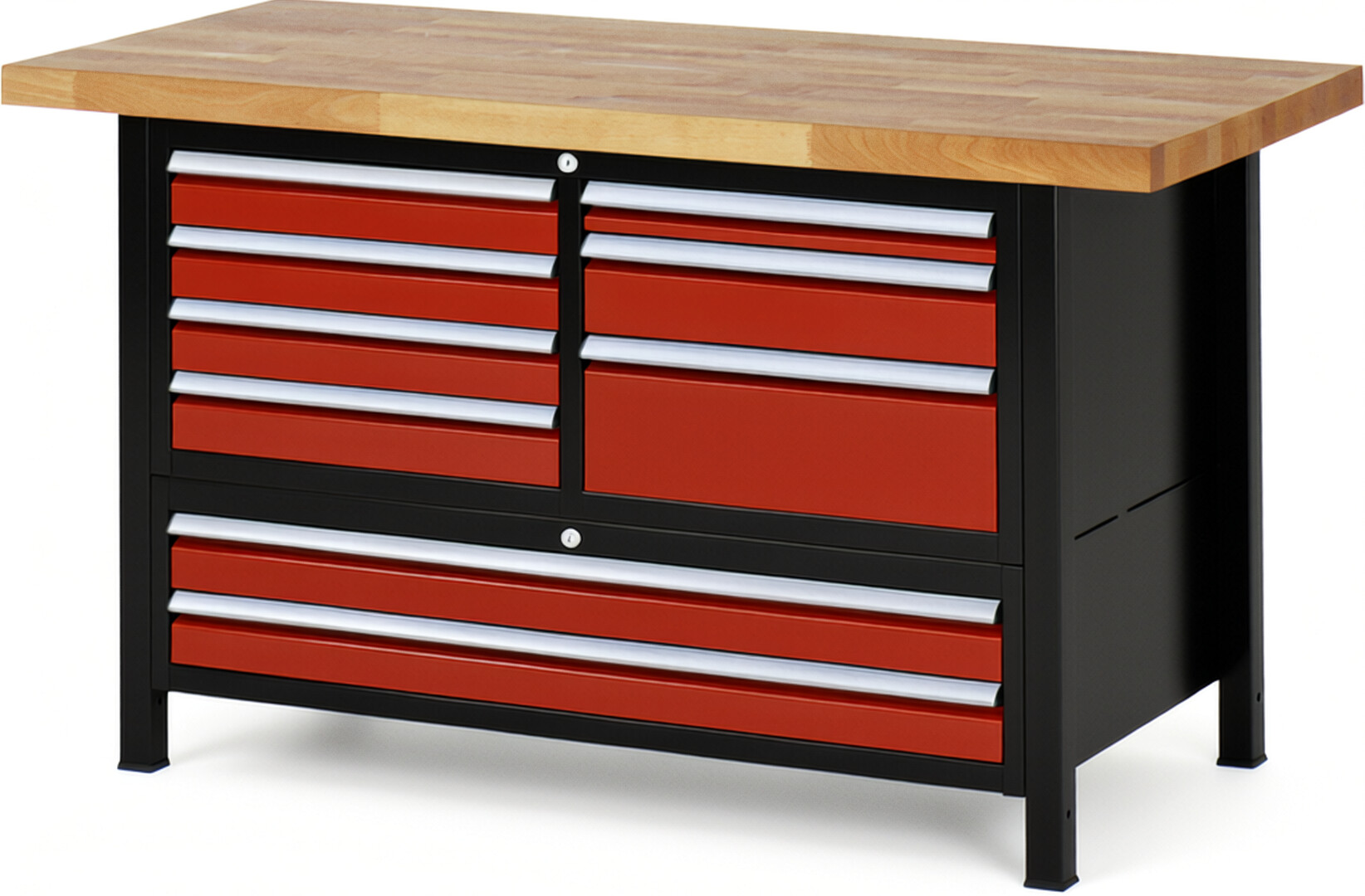 RAU Werkbank schwarz - rot - Breite 150 cm - Tiefe 70 cm - Höhe 104 cm - Buche-Massiv Arbeitsplatte 40 mm