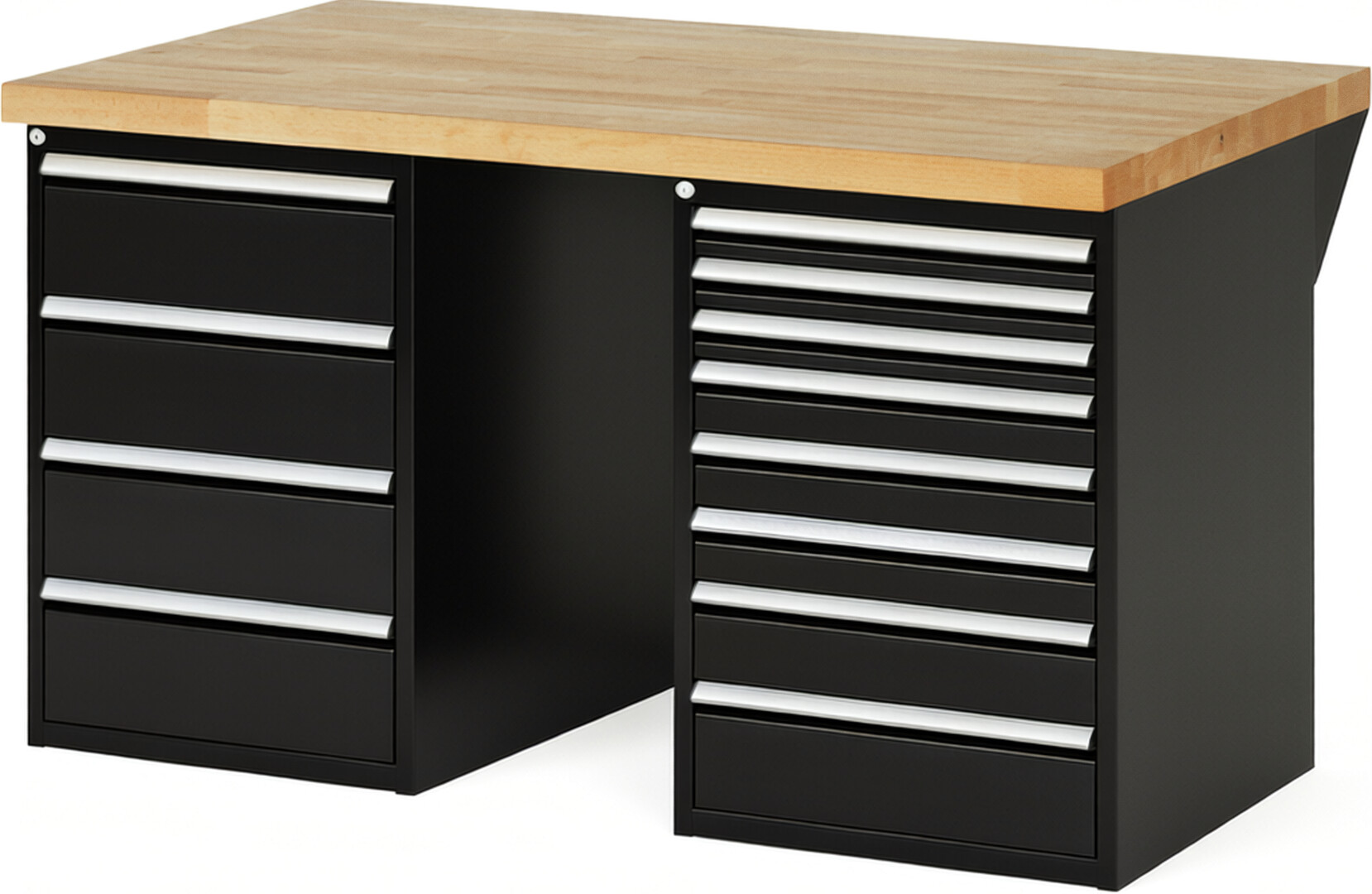 Werkbank Modell 7822 schwarz, BxTxH 1500x900x840 mm,  Buche-Massiv Arbeitsplatte 40 mm,  12 Schubladen mit  Vollauszug 100 % und  SoftClosing