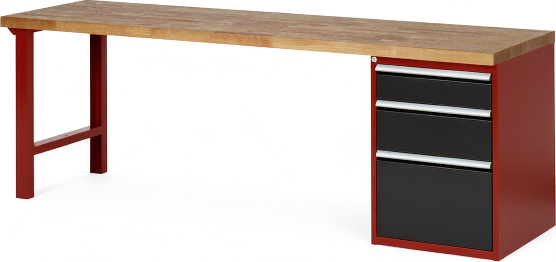 Werkbank Modell 7508 rot - schwarz, BxTxH 2500x700x840 mm,  Buche-Massiv Arbeitsplatte 40 mm,  3 Schubladen mit  Vollauszug 100 % und  SoftClosing