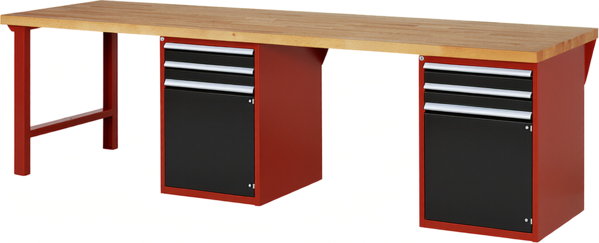 Werkbank Modell 7503 rot - schwarz, BxTxH 3000x900x890 mm,  Buche-Massiv Arbeitsplatte 40 mm,  4 Schubladen mit  Vollauszug 100 % und  SoftClosing