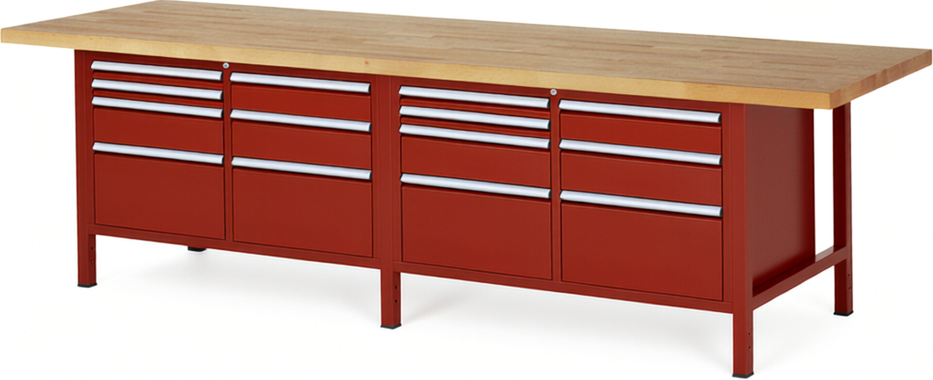 Werkbank Modell 8476 rot, BxTxH 3000x900x840 mm,  Buche-Massiv Arbeitsplatte 40 mm,  14 Schubladen mit  Vollauszug 100 % und  SoftClosing