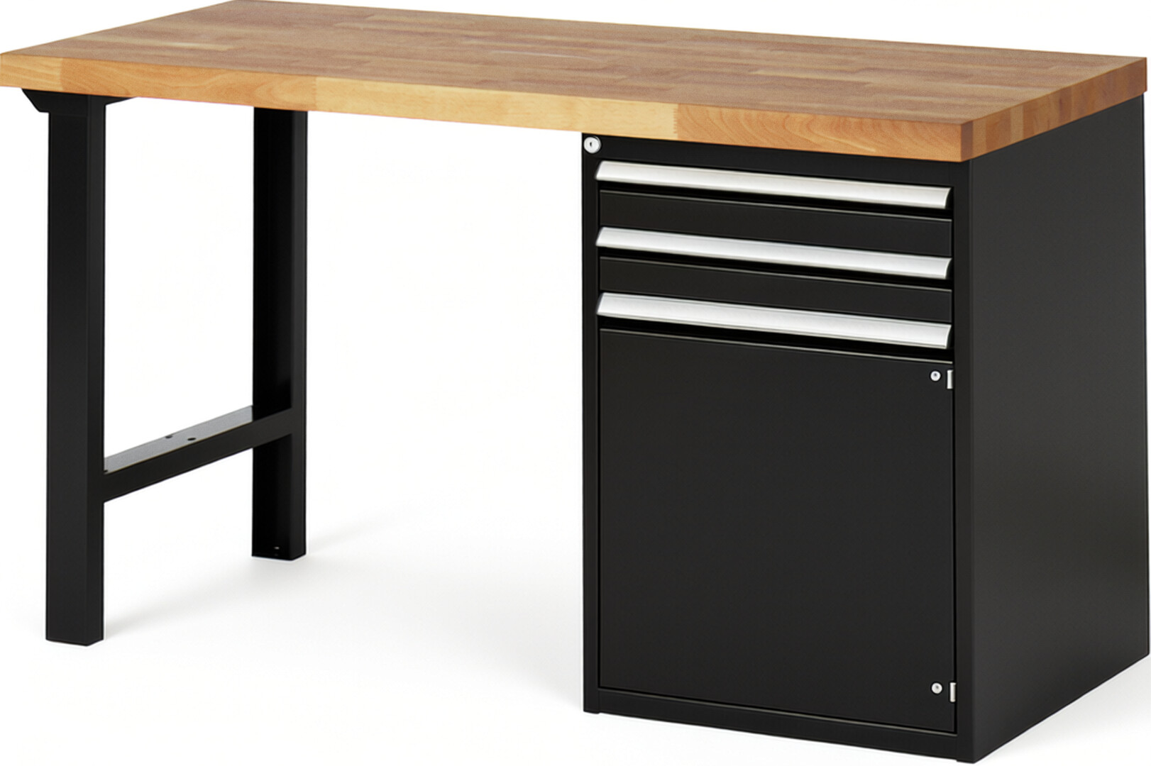 Werkbank Modell 7503 schwarz, BxTxH 1500x700x890 mm,  Buche-Massiv Arbeitsplatte 40 mm,  2 Schubladen mit  Vollauszug 100 % und  SoftClosing