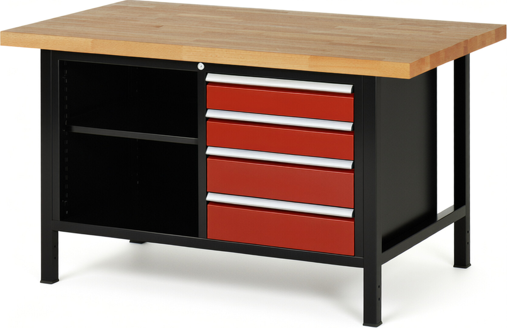 RAU Werkbank schwarz - rot - Breite 150 cm - Tiefe 90 cm - Höhe 104 cm - Buche-Massiv Arbeitsplatte 40 mm