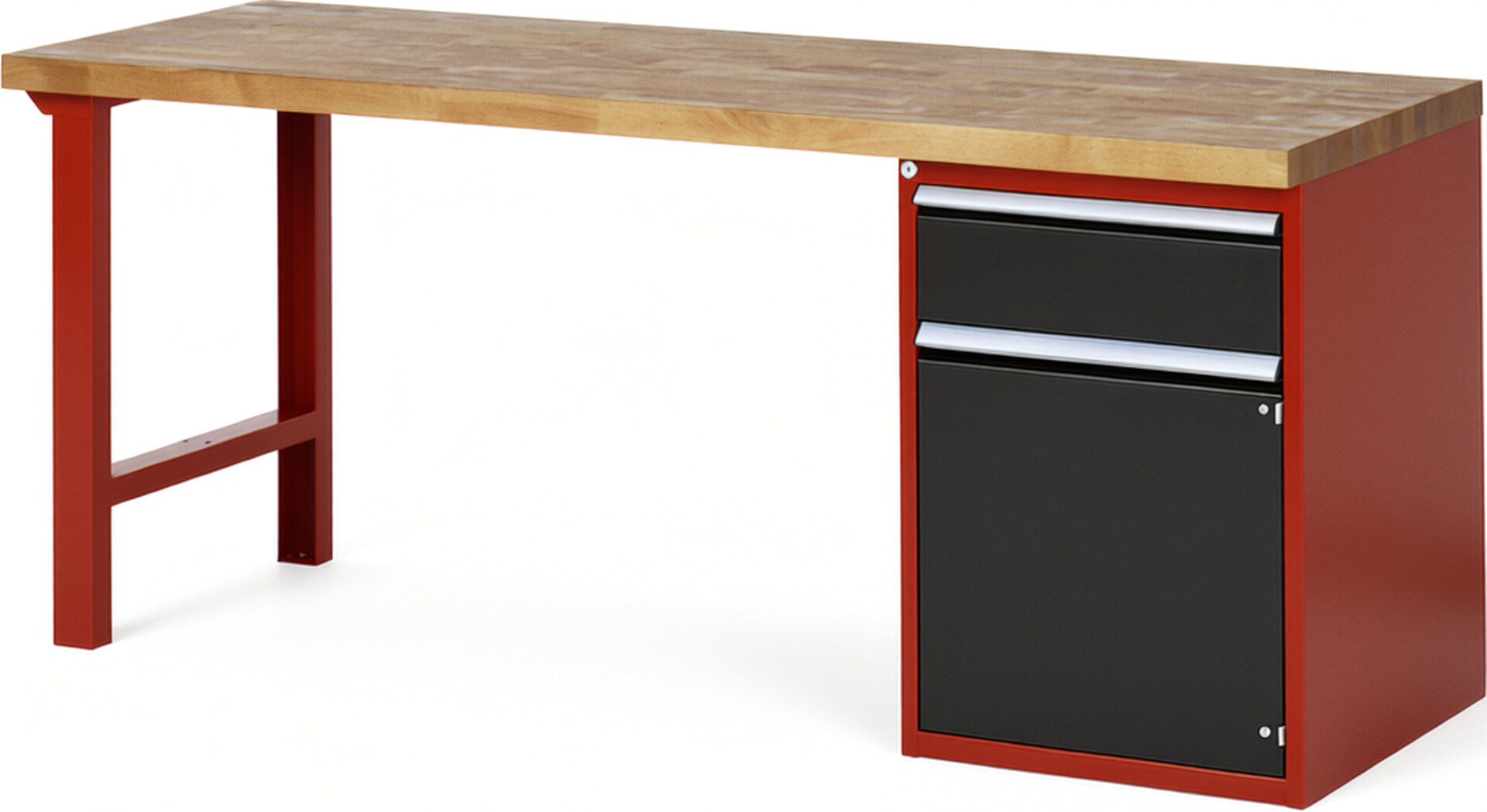 Werkbank Modell 7502 rot - schwarz, BxTxH 2000x700x890 mm,  Buche-Massiv Arbeitsplatte 40 mm,  1 Schublade mit  Auszug 90 %