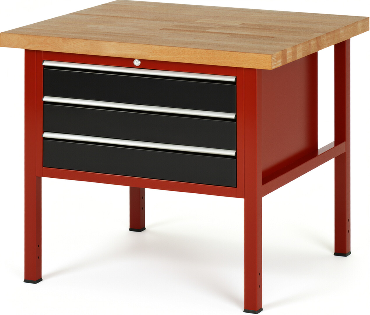 Werkbank Modell 8227 rot - schwarz, BxTxH 1000x900x840 mm,  Buche-Massiv Arbeitsplatte 40 mm,  3 Schubladen mit  Auszug 90 %